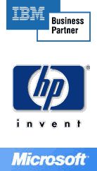 IBM Business Partner, HP Invent and Microsoft logos
